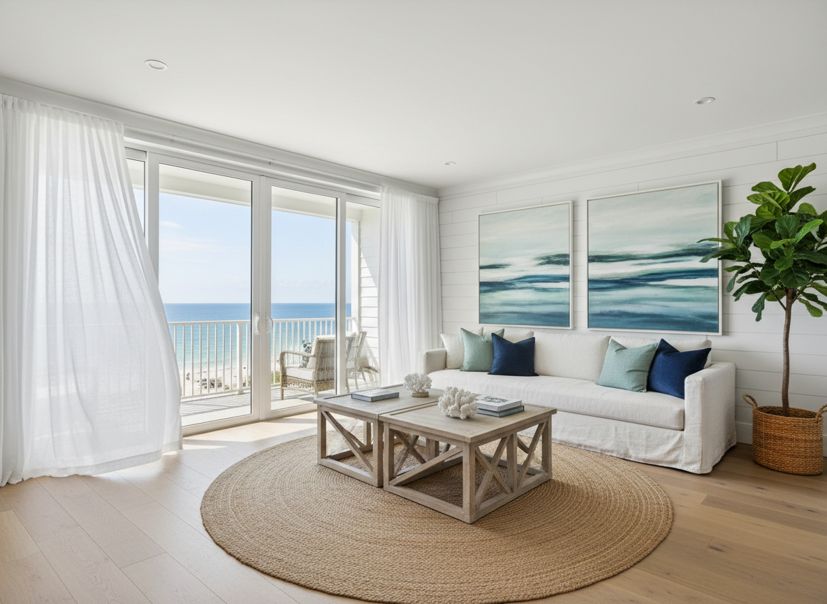 Interior of a cozy and elegant living room in a beach house